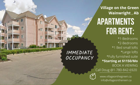 Apartment for rent wainwright, Wainwright rentals, 1 bedroom, 2bedroom, Lofts. Village On The Green Rental Suites